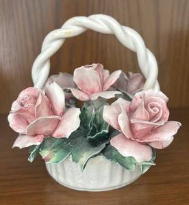 lot 103R image: MB - Vintage Capodimonte Porcelain Flower Basket with Pink Roses