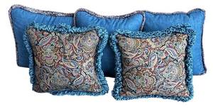 lot 177R image: LR - Set of 5 Assorted Accent Pillows with Blue Fringe and Patterned Design