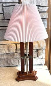 lot 227R image: LL  - Vintage Wooden Shuttle Lamp with Pleated Shade