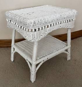 lot 235R image: LL  - Vintage White Wicker Side Table with Lower Shelf