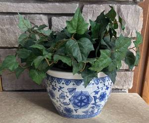 lot 237R image: LL  - Blue and White Planter Pot with Artificial Ivy Greenery
