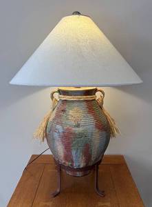 lot 267R image: LL  - Handcrafted Pottery Table Lamp with Woven Accents and Iron Stand
