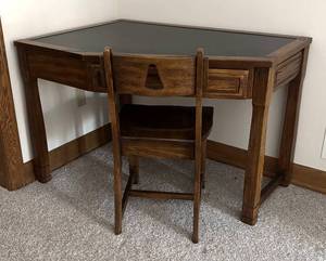 lot 346R image: LLBR - Vintage Wood Corner Desk with Drawer and Chair