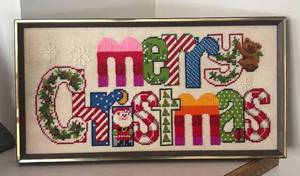 lot 353R image: LLBR - Framed Vintage Merry Christmas Needlepoint Wall Decor