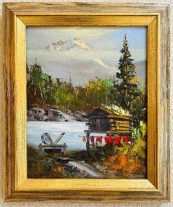 lot 44C image: P - Framed Oil Painting of Lakeside Cabin Scene