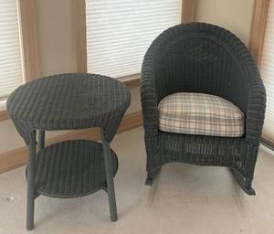 lot 50C image: P - Wicker Rocking Chair with Plaid Cushion and Matching Side Table