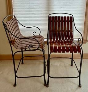 lot 52C image: K - Pair of 40 Wood and Metal Bar Stools with Slat Seats