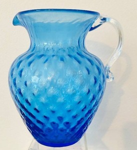 lot 58C image: P - Vintage Optic Blue Glass Pitcher with Applied Clear Handle
