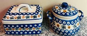 lot 90C image: LR - Polish Pottery Butter Dish and Lidded Sugar Bowl Set