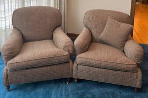 lot 92C image: LR - Pair of Ralph Lauren Upholstered Armchairs with Plaid Pattern
