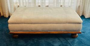 lot 94C image: LR - Large Vintage Upholstered Ottoman with Wood Base and Bun Feet