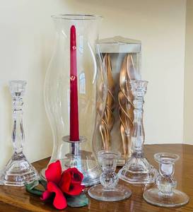 lot 202C image: DR - Cartier Silver Candlestick, Glass Candle Holders, and Decorative Set with Wax Candles and Rose