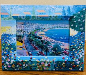 lot 243C image: P - Hand-Painted 9 x 10 Inch Wooden Picture Frame with Coastal City Artwork