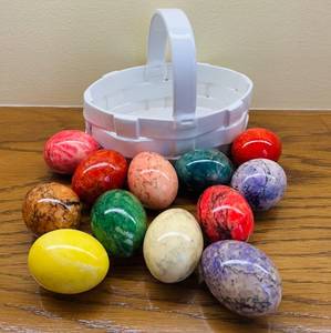 lot 247C image: LR - Decorative White Ceramic Basket with 13 Assorted Marble Stone Eggs