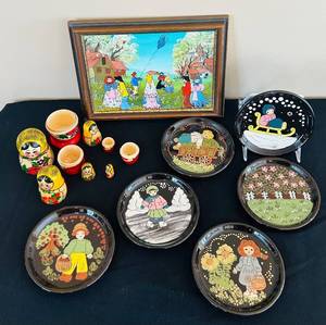 lot 321C image: P - Russian Nesting Dolls, Hand-Painted Plates, and Signed Folk Art Painting