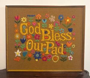 lot 444R image: LLBR - Vintage Framed  God Bless Our Pad Needlepoint Art