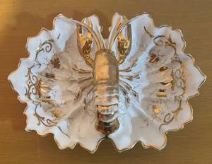 lot 452R image: LLBR - Vintage German Porcelain Serving Dish with Lobster Handle and Gold Accents
