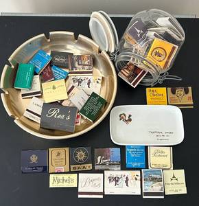 lot 592C image: LL - Collection of Vintage Restaurant Matchbooks with 10 Inch Ashtray and Porcelain Tray