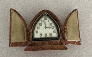 lot 596 image: K - Muffray Sterling Silver Art Deco Travel Clock with Folding Case