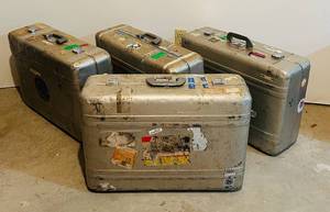lot 610V image: LLS - Set of 4 Vintage Aluminum Suitcases with Travel Stickers