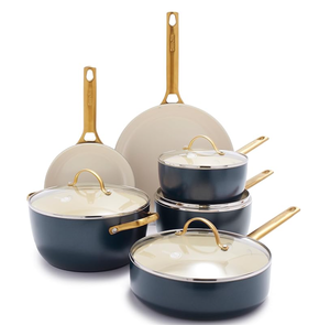 lot 90 image: GreenPan Hard Anodized Healthy Ceramic Nonstick 10 Piece Cookware Pots and Pans Set, Gold-Tone Stainless Steel Handles, PFAS & PFOA-Free, Dishwasher Safe, Oven & Broiler Safe, Twilight Blue
