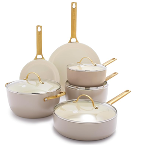 lot 91 image: GreenPan 10 Piece Cookware Set, Non-Toxic PFAS-Free Hard Anodized Healthy Ceramic Nonstick, Stainless Steel Gold Handle, Glass Lids, Dishwasher Safe, Oven & Broiler Safe, Taupe Brown