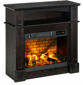 HOMCOM 32" Electric Fireplace with Mantel, Freestanding Heater with LED Log Flame, Shelf and Remote Control, 1400W, Brown