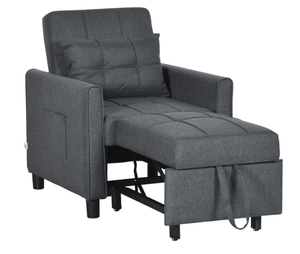 lot 10 image: HOMCOM 3-in-1 Convertible Chair Bed, Multi-Functional Single Sofa Bed, Pull Out Sleeper Chair with Adjustable Backrest, Pillow, and Pockets, Gray