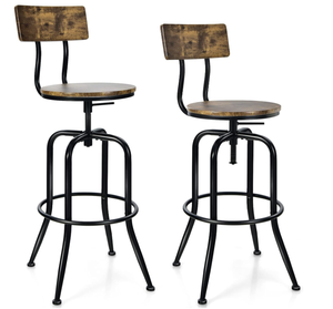 lot 105 image: COSTWAY Industrial Bar Stool Set of 2, Vintage Adjustable Swivel Counter Height Kitchen Dining Chair with Arc-Shaped Backrest, Footrest, Round Seat, Metal Vintage Barstools for Pub, Bistro, Island