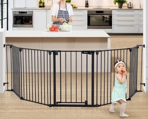 lot 368 image: COMOMY 127.8 Extra Wide Baby Gate, Dog Gate for House Stairs Doorways Fireplace, Auto Close Pet Gate with Door Walk Through, 5 Metal Panels, Hardware Mounted Baby Fence Indoor Outdoor(30 Tall,Black)