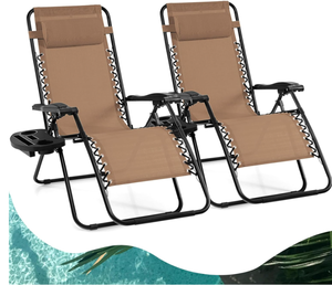 lot 422 image: Goplus Zero Gravity Lounge Chairs, 160°Adjustable Folding Recliner wPillow and Cup Holder, 350LBS Comfy Outdoor Lounge Chairs for Patio, Lawn, Yard & Camp(Set of 2, Beige)