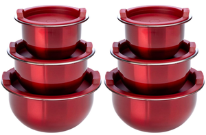lot 103 image: LOT OF 2 Wolfgang Puck 3-piece Stainless Steel Prep Bowls with Storage Lids
