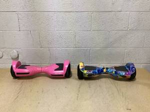 lot 498 image: LOT OF 2 Hover-1 Drive Hoverboard - Pink & Gotrax Edge Hoverboard for Kids Adults, 6.5 Tires 6.2mph & 2.5 Miles Self Balancing Scooter, Galaxy (Not Functioning, Missing Charger)
