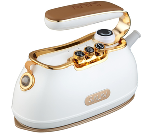 lot 153 image: SALAV IS-900 Retro Handheld Garment Steamer and Iron, Ceramic Steam Plate, 1000 watts of Steam, Removes Wrikles on Clothes (Pearl) (Transit Damage Button Fell Off)