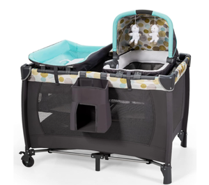 lot 294 image: HONEY JOY 5-in-1 Pack and Play with Bassinet, Infant Nursery Center Pack and Play wNewborn Cradle & Hanging Toys, Diaper Storage Bag, Music, Carry Bag, Portable Baby Playard wChanging Station (Blue)