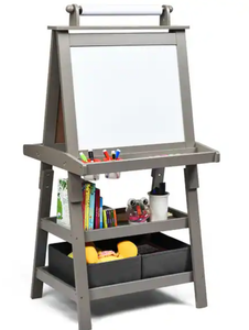 lot 299 image: Costway Grey 3-in-1 Kids Art Easel with Double-Sided Blackboard Whiteboard Paper Roll and Storage - 23.5 x 19.5 x 46 (L x W x H)