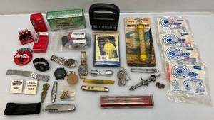 lot 136 image: Misc. Vintage Collectibles Including Coca Cola, Pocket Knives, Watch and More