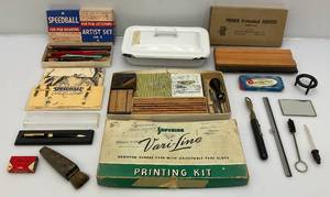 lot 161 image: Very Old Speedball Pen Drawing Set & Vintage Printing Set And More