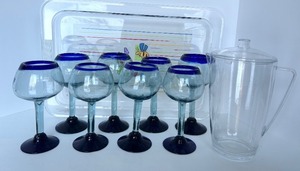 lot 87 image: Hand Blown Glass Goblets with Plastic Pitcher and Tray
