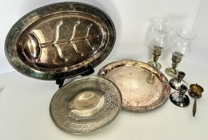 lot 92 image: Silverplate Oval Tray & Glass Hurricane Shades - Shrewsbury Hollowware