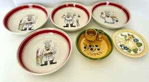 lot 95 image: Vintage Hand-Painted Ceramic Dinnerware Set Chef Motif Bowls, Olive Dish, and Floral Red Wing Pottery Plate