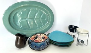 lot 96 image: Leaf-Relief Teal Oval Ceramic Platter, Plates and More