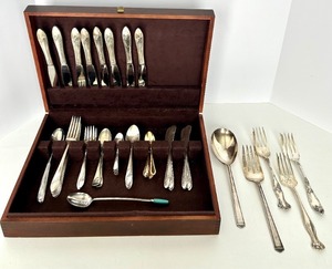 lot 99 image: Assorted Silver Plated Flatware - Ornate Floral Handles in Wood Case
