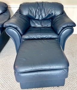 lot 204 image: Italian Leather Armchair &amp Ottoman - Navy Blue
