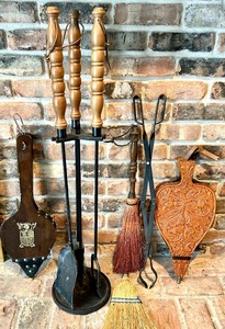 lot 212 image: Fireplace Tools Set including Vintage air blowers and more.