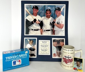 lot 216 image: Framed Baseball Memorabilia Collage - Yankees Legends & Topps 3rd-Base Card