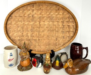 lot 219 image: Vintage Decor Lot - Woven Oval Tray, Red Wing candle warmer and more