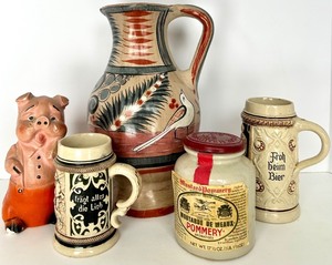 lot 220 image: Vintage Ceramic Steins, Mustard Jar & Pig Figurine - Collectible Lot