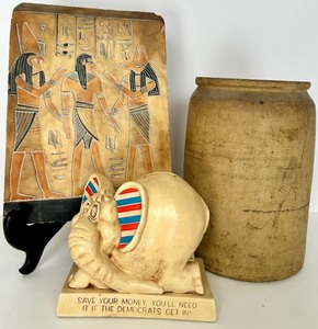 lot 221 image: Decorative Lot - Egyptian Relief Plaque, Stoneware Jar & Paula 1968 Elephant Bank