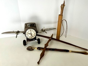 lot 228 image: Sessions Airplane Clock for Parts and Repair plus wooden cross bow and shoe horn